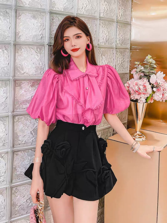 (Pre-Order) French short-sleeved shirt women's retro puff sleeve top 2022 new summer design thin fashion shirt