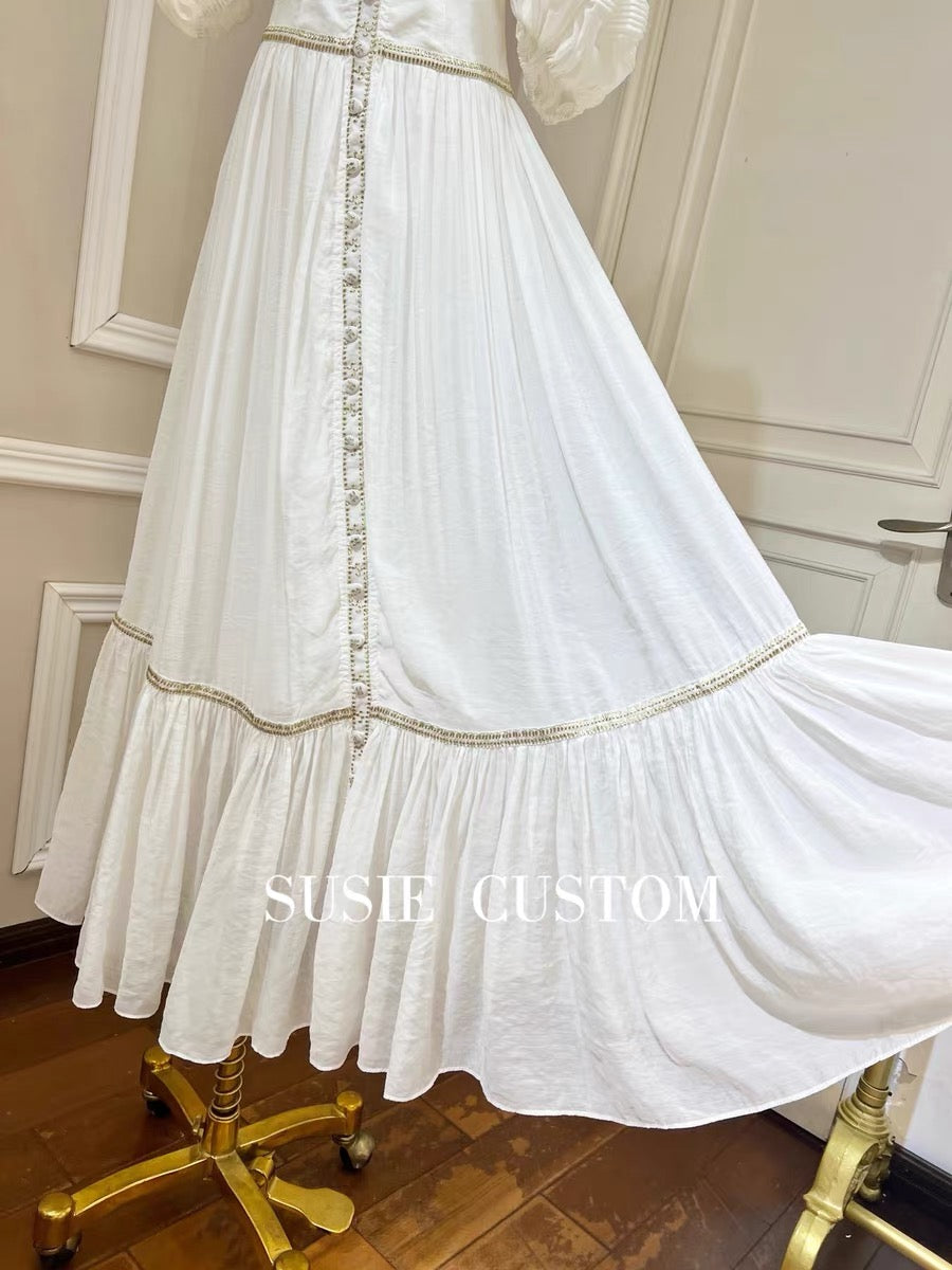 High customization heavy industry gold thread embroidery lace one-word collar tube top elastic big puff sleeves waist-breasted big swing long skirt