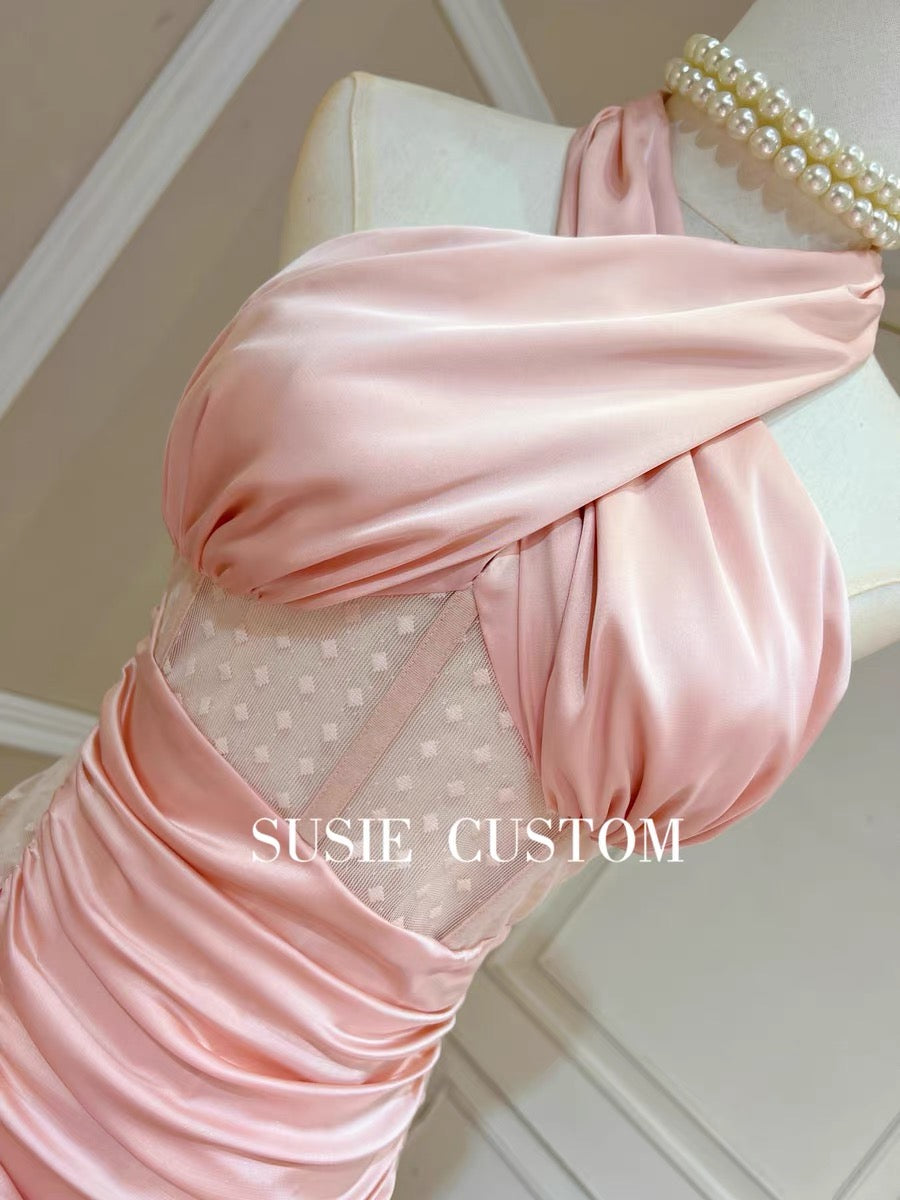 High-definition pure desire zircon rhinestone chain satin knot tube top stitching polka dot mesh pleated hip dress skirt