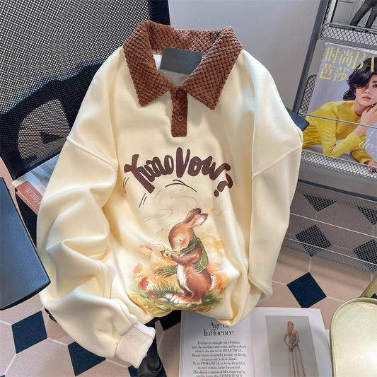 Milk yellow cute rabbit polo shirt plus velvet thickened sweater female small loose bf lazy wind shoulder top