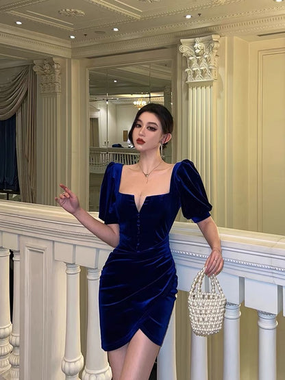 Sexy square neck velvet dress women's summer French chic stunning high-end puff sleeves niche design waist