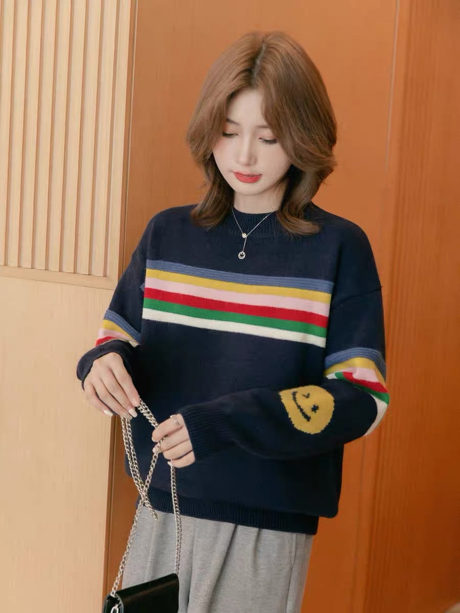 Small grain design round neck striped sweater women's 2022 autumn and winter new small age-reducing knitted long-sleeved top