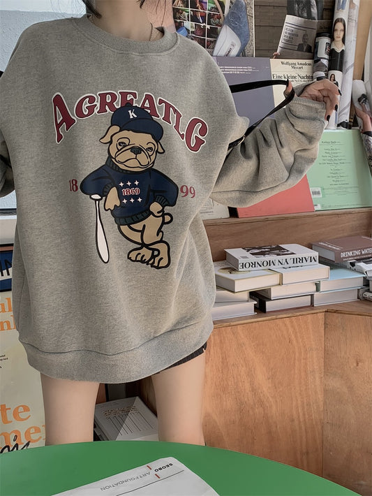 Hong Kong-style American retro cartoon print round neck sweater women's autumn mid-length loose and lazy gray long-sleeved top