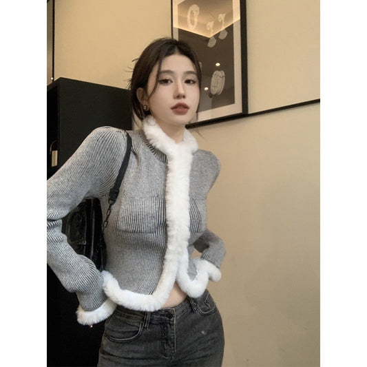 High-end super-good-looking sweater women's autumn and winter 2023 new design sense fur stitching chic long-sleeved sweater