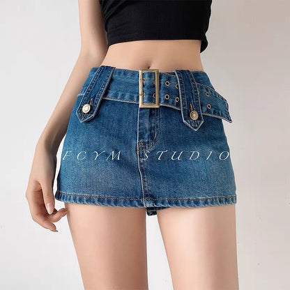 European and American street shooting personality belt denim skirt women's summer tight high waist thin skirt anti-shine bag hip skirt 1511