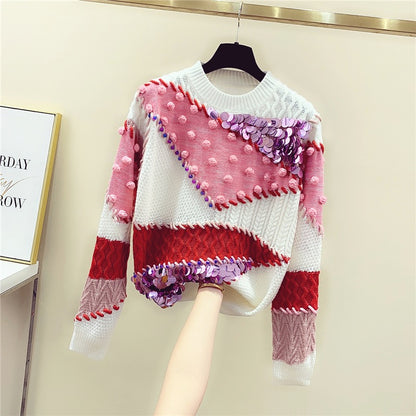 2021 autumn and winter new beaded sequined sweater women's fur ball geometric pattern color matching pullover sweater women's top trend