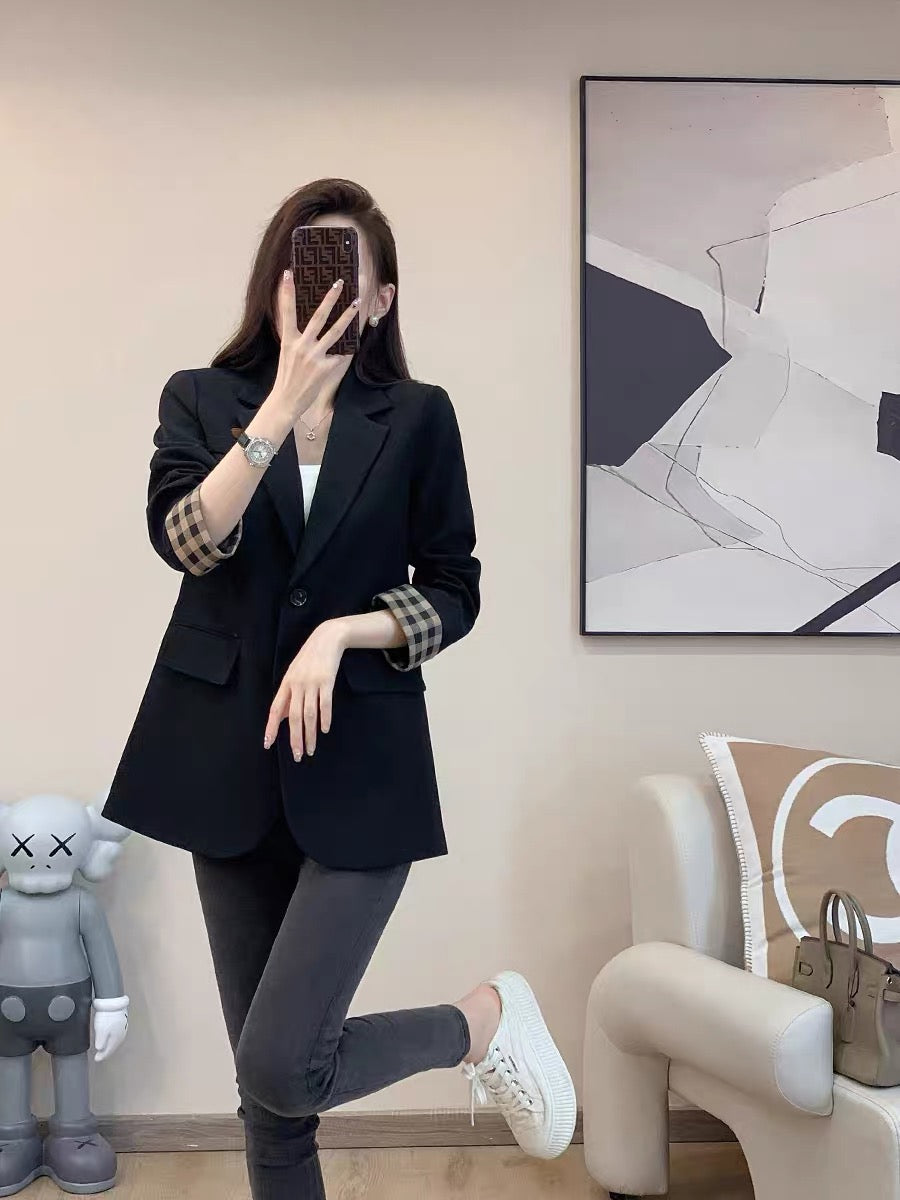 2022 autumn and winter new French Hepburn style suit top women's high-end fashion casual black flip-sleeve suit jacket