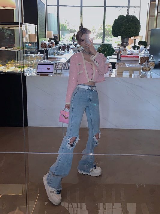 Zhao Chenchen high waist ripped flared pants women's 2023 new hot girl looks tall and thin raw edge slightly flared jeans