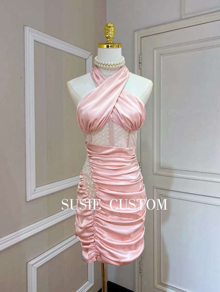 High-definition pure desire zircon rhinestone chain satin knot tube top stitching polka dot mesh pleated hip dress skirt
