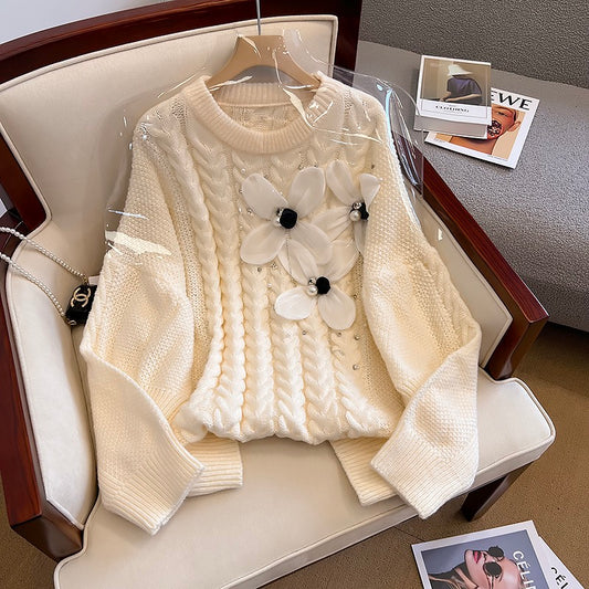 2022 autumn and winter new loose round neck pullover heavy industry foreign style three-dimensional flower beaded diamond sweater sweater women