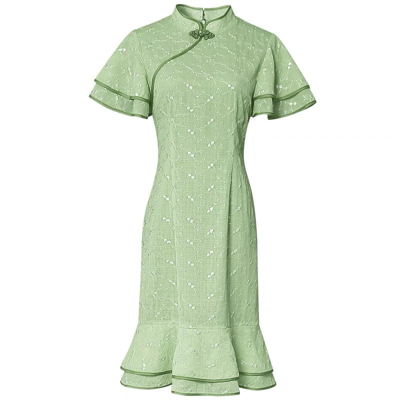 2022 summer new fashion lotus leaf sleeve retro button national style embroidered chiffon improved cheongsam dress