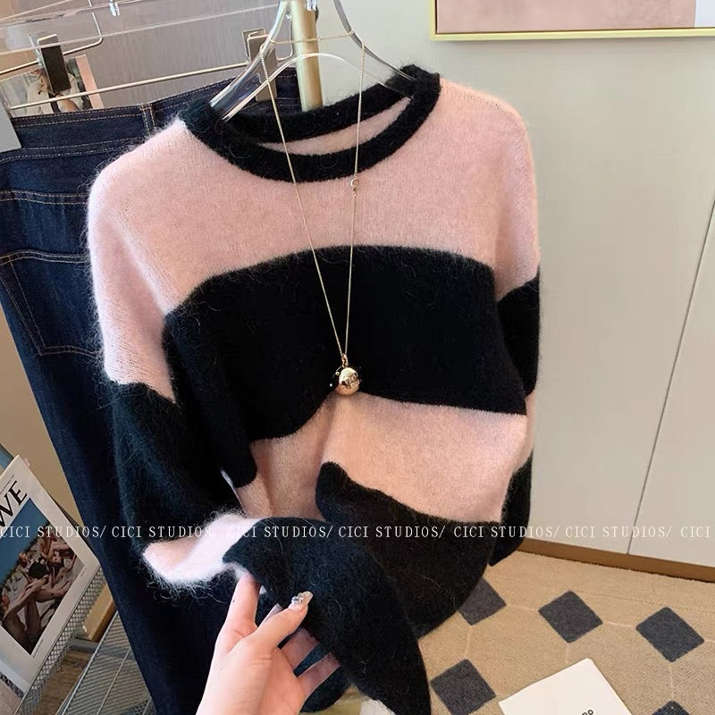 Black powder contrast color Korean style lazy style striped sweater women's 2022 autumn and winter wear new gentle loose knitted top