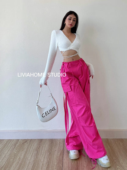 liviahome eye-catching pink overalls European and American hot girls street fashion high waist casual loose wide-leg pants women