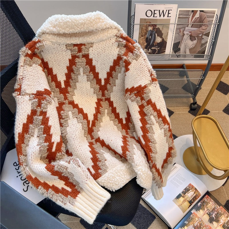 2022 autumn and winter new style French lapel contrast color rhombic knitted cardigan jacket women's retro western style sweater top tide