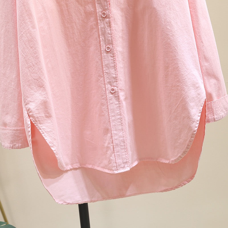 Shirt women's long-sleeved 2023 spring new Korean version loose design sense niche layered mid-length pink shirt trendy