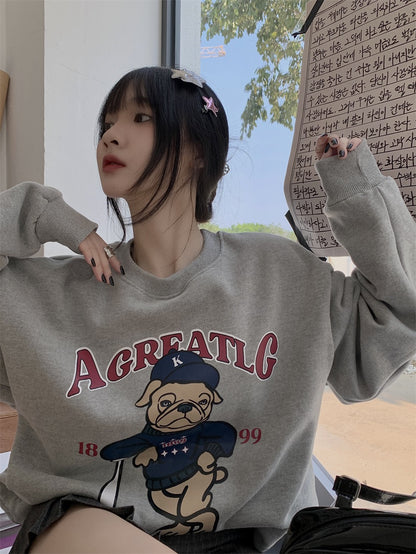 Hong Kong-style American retro cartoon print round neck sweater women's autumn mid-length loose and lazy gray long-sleeved top