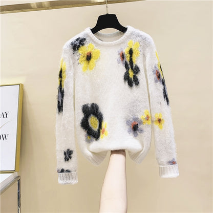 Mohair Flower Jacquard Round Neck Pullover Sweet Sweater Women 2022 Spring and Autumn New Arrivals Loose Outer Wear Knitwear Fashion