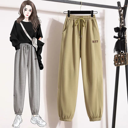 Grey plus velvet casual pants elastic waist autumn and winter 2022 Korean version embroidered small man is thin and loose leggings sports pants