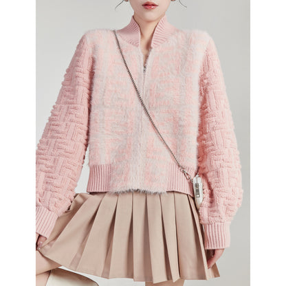 LLL LAB/Pink Sweater French Small Fragrance Stand Collar Zipper Soft Waxy Short Section Female Gentle Versailles Top