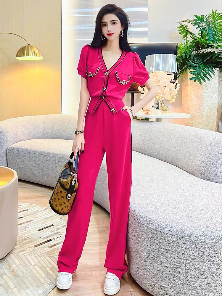 Feijie custom fashion western style suit 2022 summer new women's casual top loose wide-leg pants two-piece set 1132