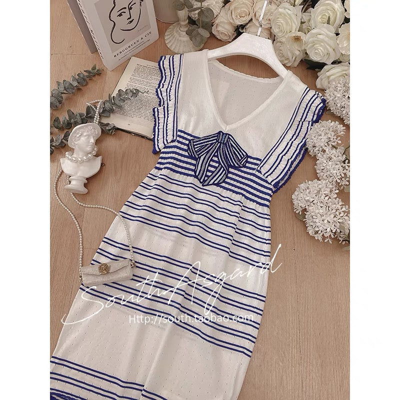 Southern Asgard Sleeveless Dress Female Summer Blue Striped College Wind Bow Sweet Skirt Korean Style