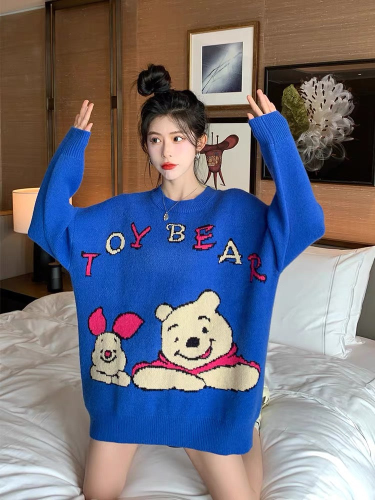 Tide brand cartoon bear sweater women's loose outer wear mid-length Korean style autumn and winter pullovers all-match western style knitted sweaters