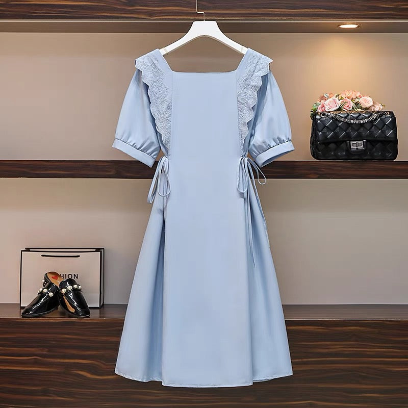 Large size women's clothing 2022 new summer fat sister French sweet, age-reducing, Western-style, covering the flesh and showing thin chic dress