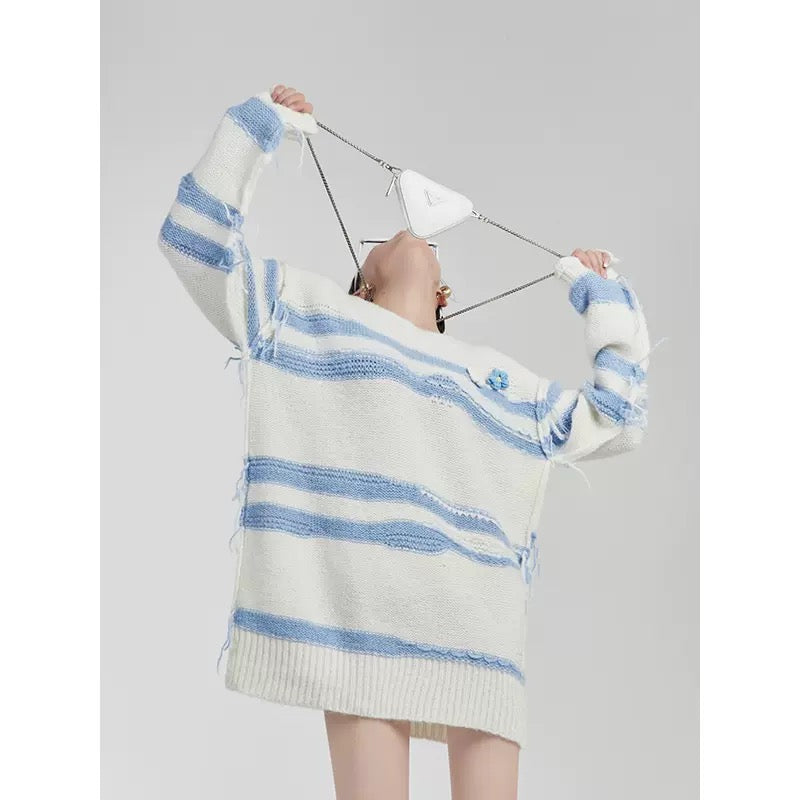 LLL LAB/ Milk Huhu Top Blue Contrast Striped Flowers Long Sleeve Round Neck High-quality Super Good-looking Sweater Women 1647