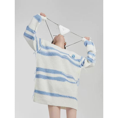 LLL LAB/ Milk Huhu Top Blue Contrast Striped Flowers Long Sleeve Round Neck High-quality Super Good-looking Sweater Women 1647