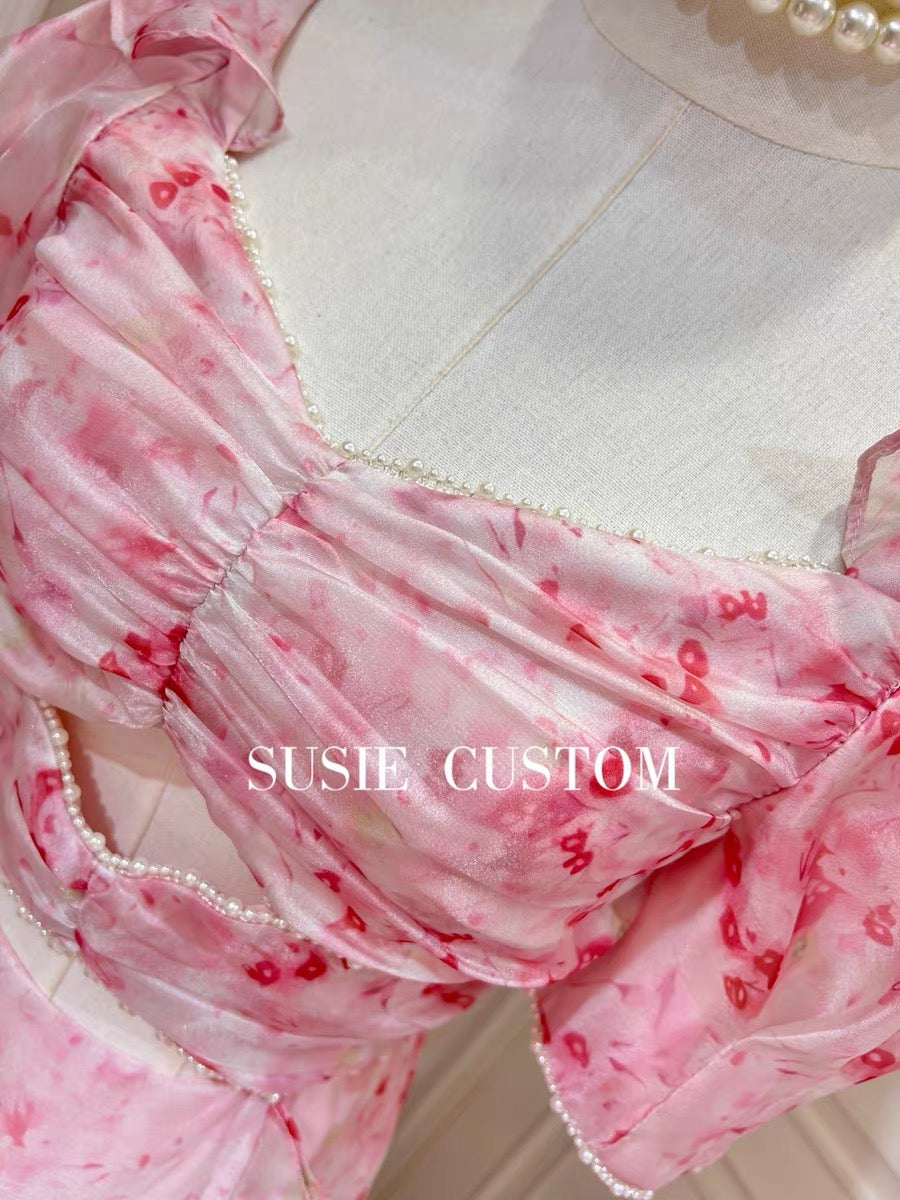 Fairy Pearl Beaded Pleated Tube Top Puff Sleeves Hollow Waist Irregular Ruffles Slit Print Long Dress
