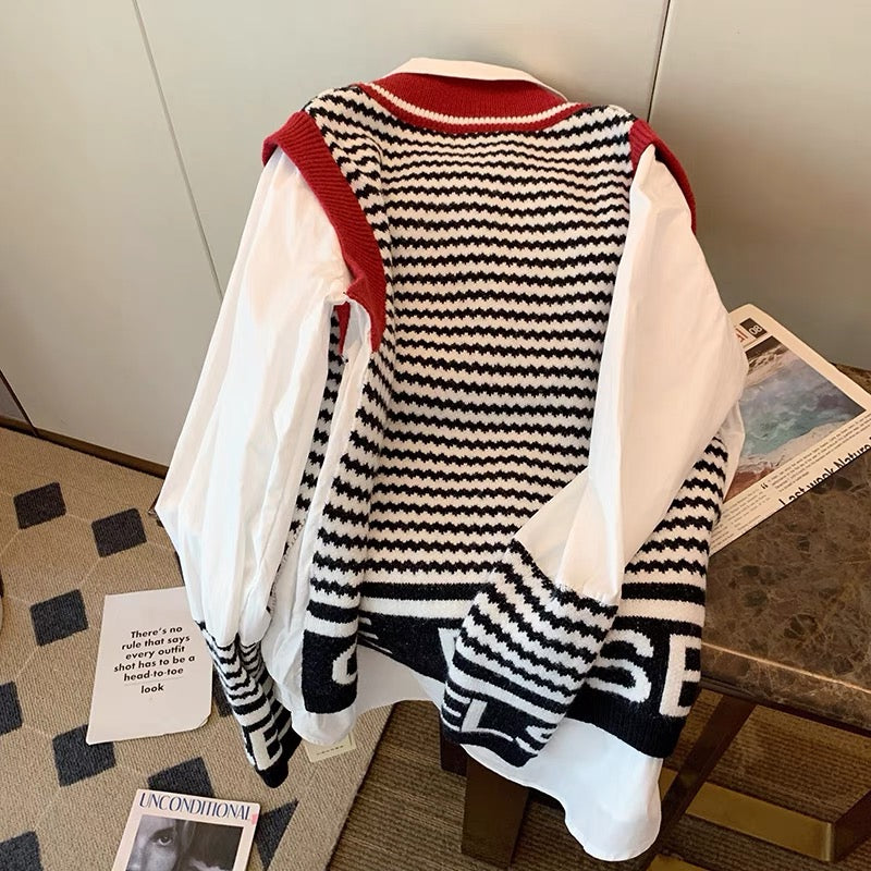 Knitted vest vest stitching shirt two-piece women's autumn 2022 new mid-length lazy wind stacking top