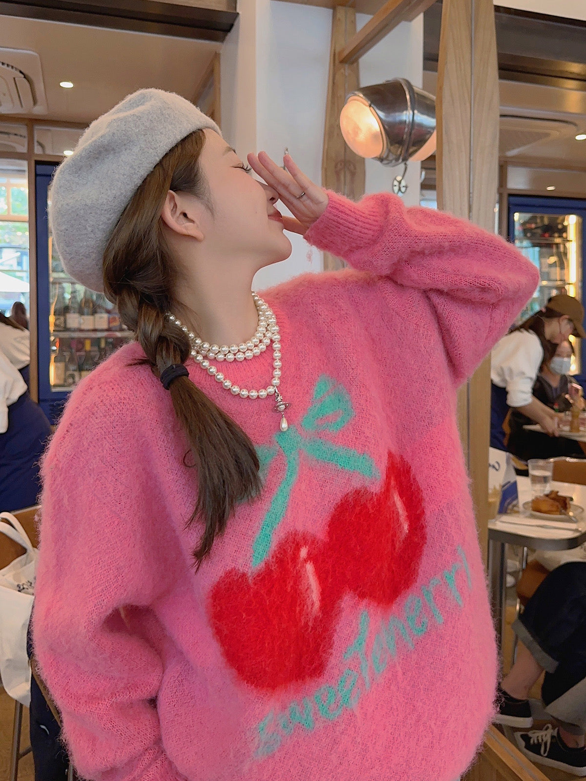 Thebestxue Korean version of loose fashionable girl pink cherry sweater women's thickened winter 2022 new tops