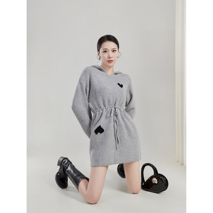 LLL LAB/ Knitted Dress Gray Hooded Waist Belt Black Love Gentle Tea Tea Air Small Skirt