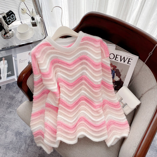 Color stripe contrast color hollow knitted sweater women's 2022 autumn and winter new lazy style loose pullover top tide