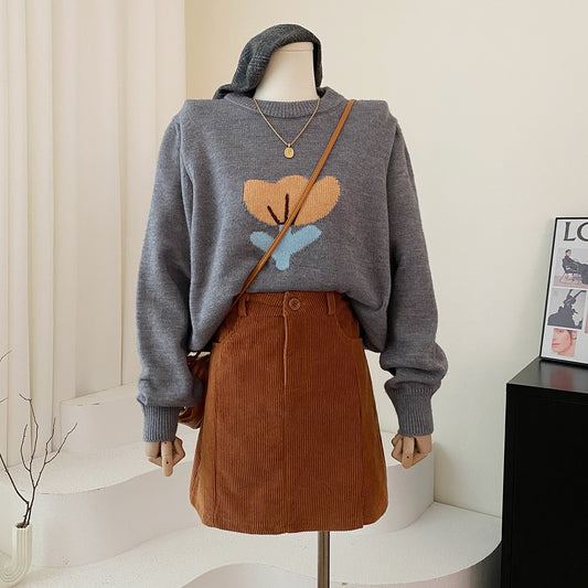 Retro small flower pullover round neck long-sleeved sweater women's autumn and winter loose lazy western style soft waxy all-match knitted top thick