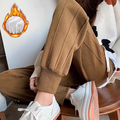 Sports pants women's autumn and winter plus velvet thickening small elastic waist high fashion all-match fried street beam feet harem sweatpants