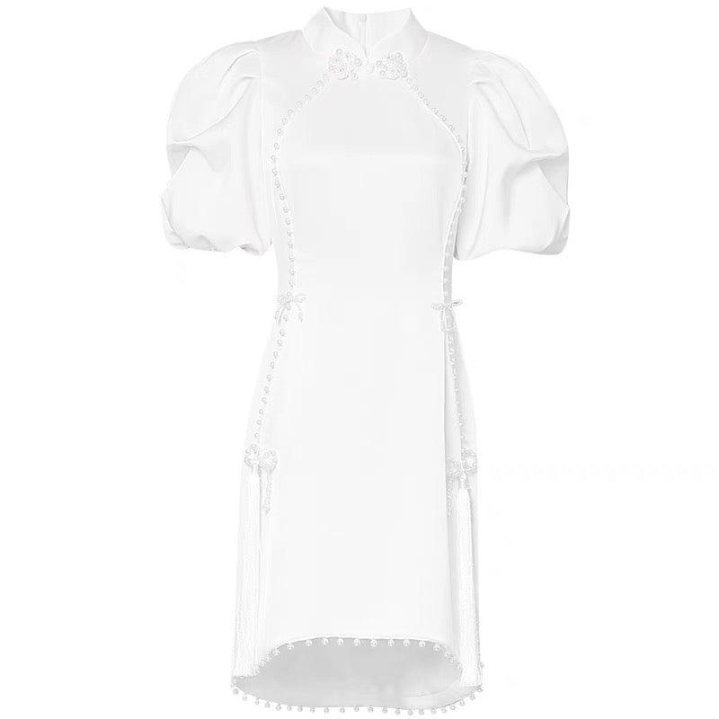 Summer women's clothing 2022 new temperament white lantern sleeves waist slim satin cheongsam dress short skirt skirt