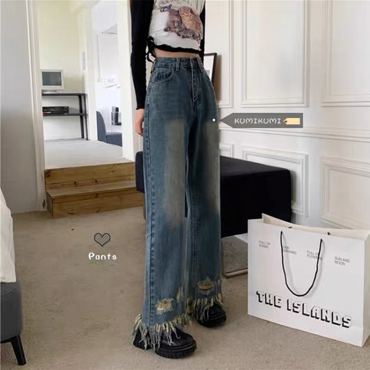 Design sense ripped jeans retro daddy pants female hot girl high waist pants loose straight pants autumn wide leg pants 1114