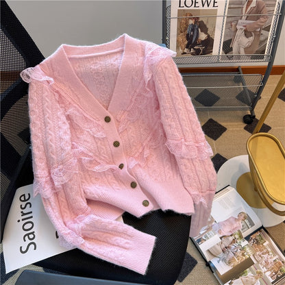 2022 autumn and winter new twist lace stitching sweater women's V-neck slimming all-match knitted cardigan jacket trendy