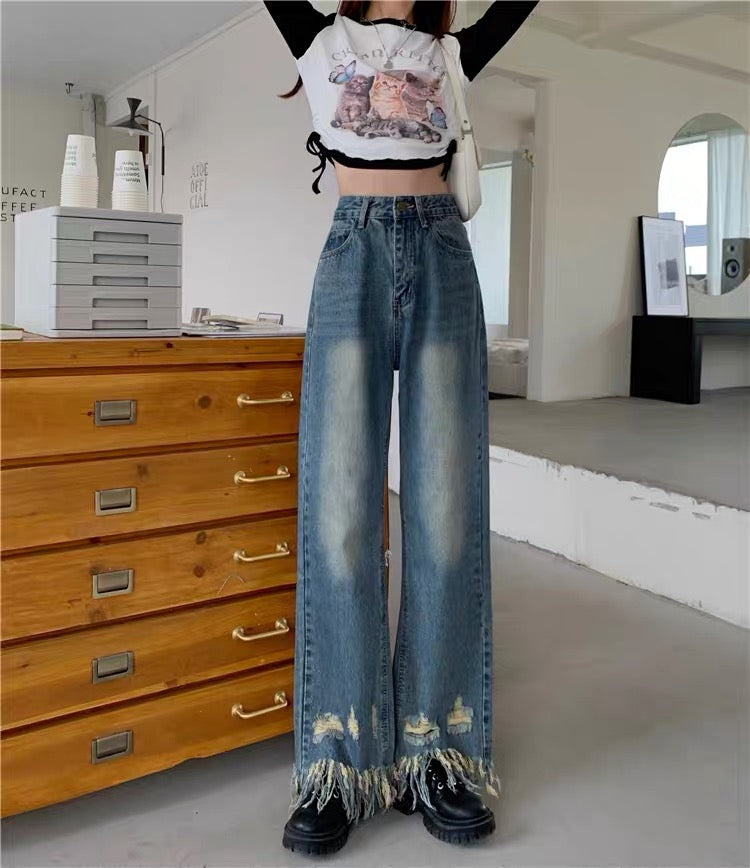 Design sense ripped jeans retro daddy pants female hot girl high waist pants loose straight pants autumn wide leg pants 1114