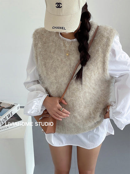 liviahome cream apricot knitted vest women's autumn and winter fashionable foreign style wearing fur vest vest top ins