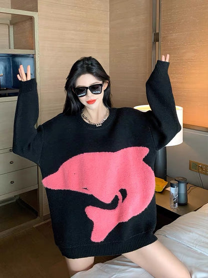 Black cartoon jacquard sweater women's autumn and winter thickened pullover loose fashion all-match medium long lazy style