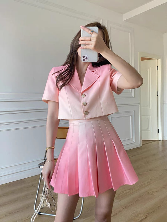 (Pre-order)Bingbing is here | Niche high-grade temperament gradient short suit pleated skirt suit female 2021 new autumn