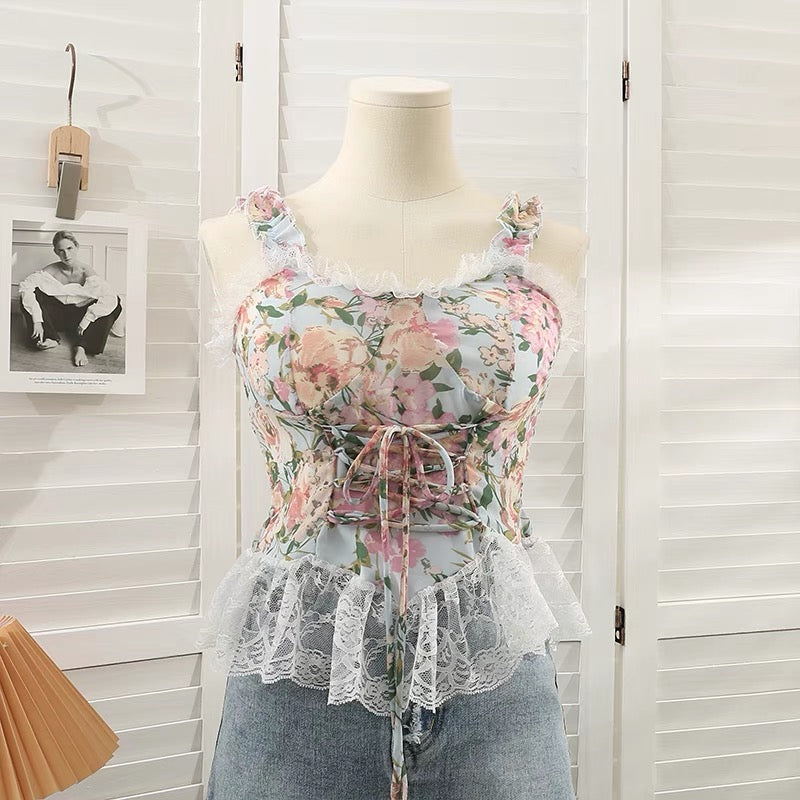 Lace stitching fungus edge printing slim-fit camisole women's sweet wind bow tie waist waist thin little shirt fairy