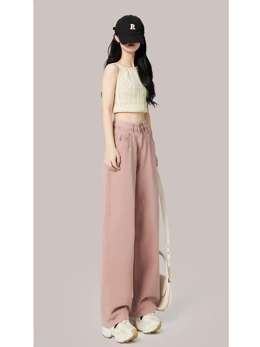 Pink wide-leg jeans women's fall 2022 new high-waisted loose straight-leg drapey slim mopping pants trousers