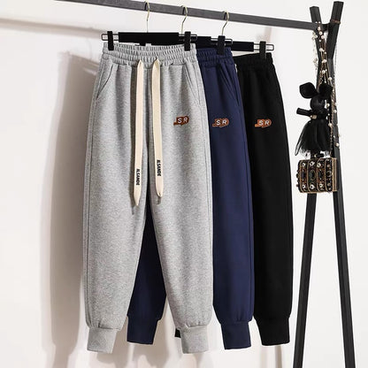 Autumn and winter new fleece sweatpants women's embroidered letter drawstring loose and thin casual harem trousers