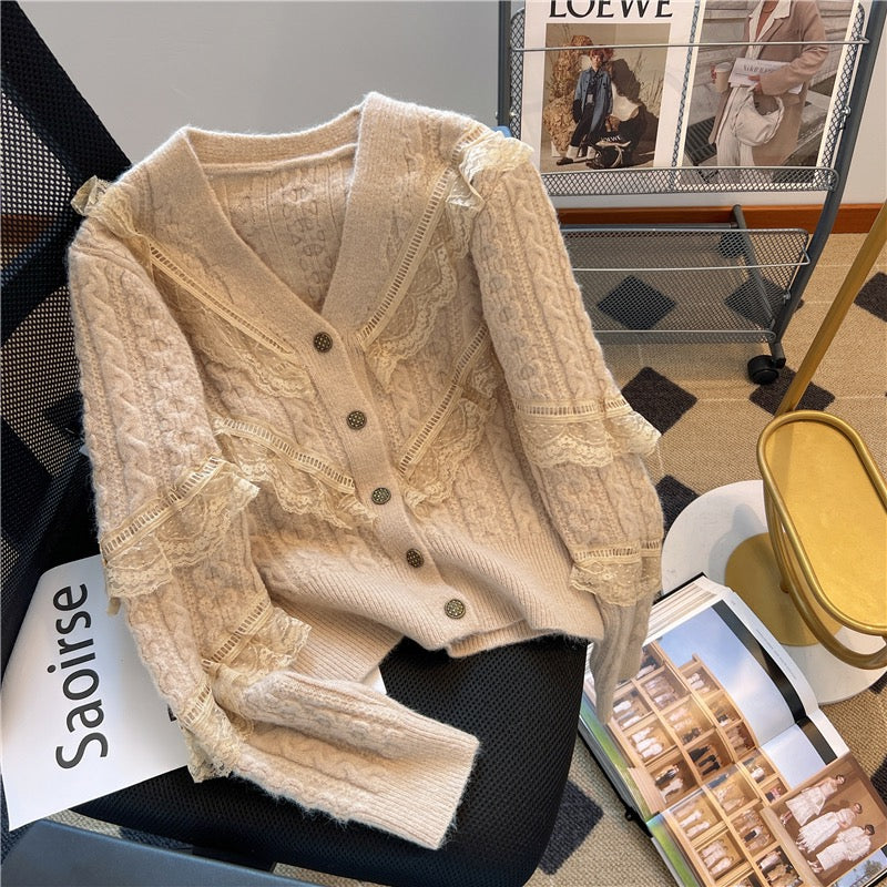 2022 autumn and winter new twist lace stitching sweater women's V-neck slimming all-match knitted cardigan jacket trendy