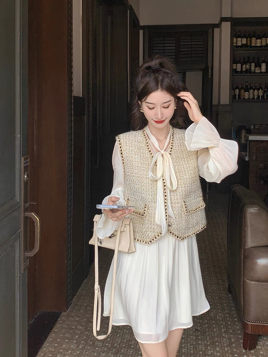 Guoguojia small fragrance vest women's spring and autumn short tweed vest temperament v-neck retro jacket top 1196
