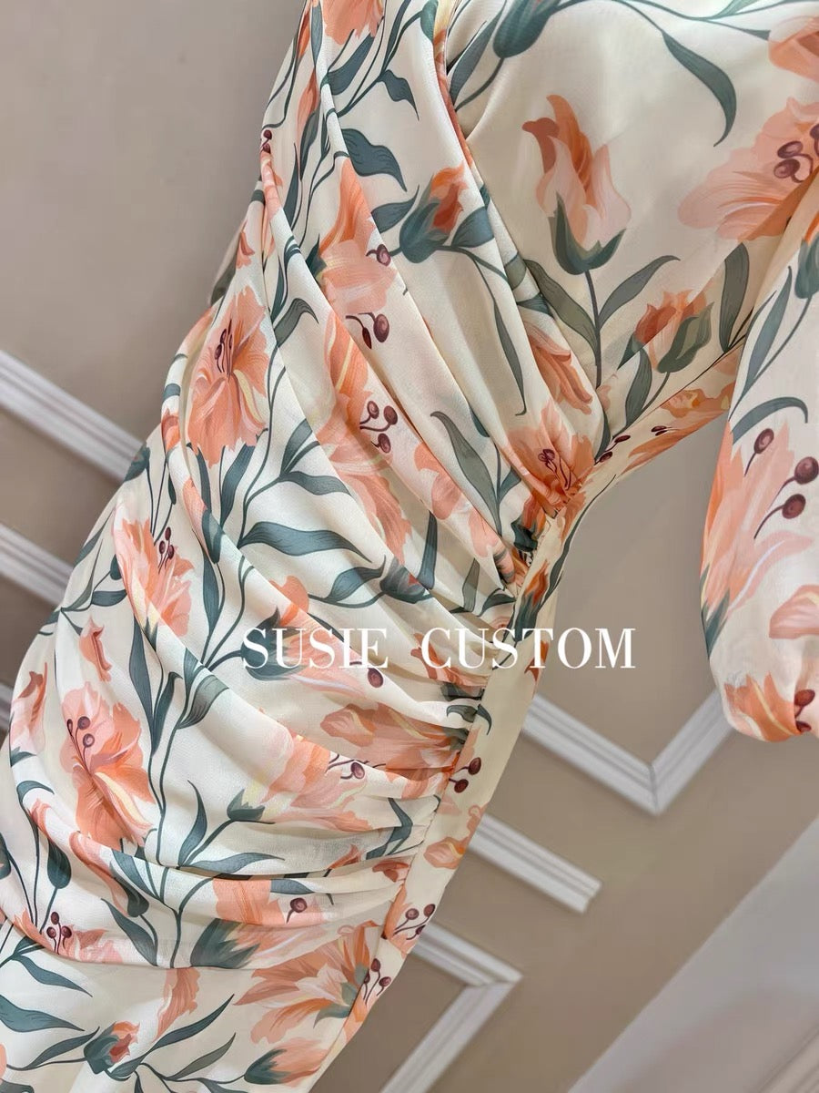 Customized V-neck Puff Sleeves Pleated Waist Slim Irregular Fishtail Ruffle Print Dress