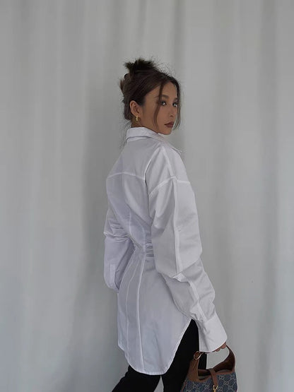 Homemade high-end custom absolutely absolutely cotton waist shirt 2021 long-sleeved white mid-length top autumn shirt